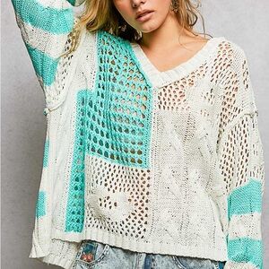 POL V-Neck Patchwork Sweater - Cream and Blue
